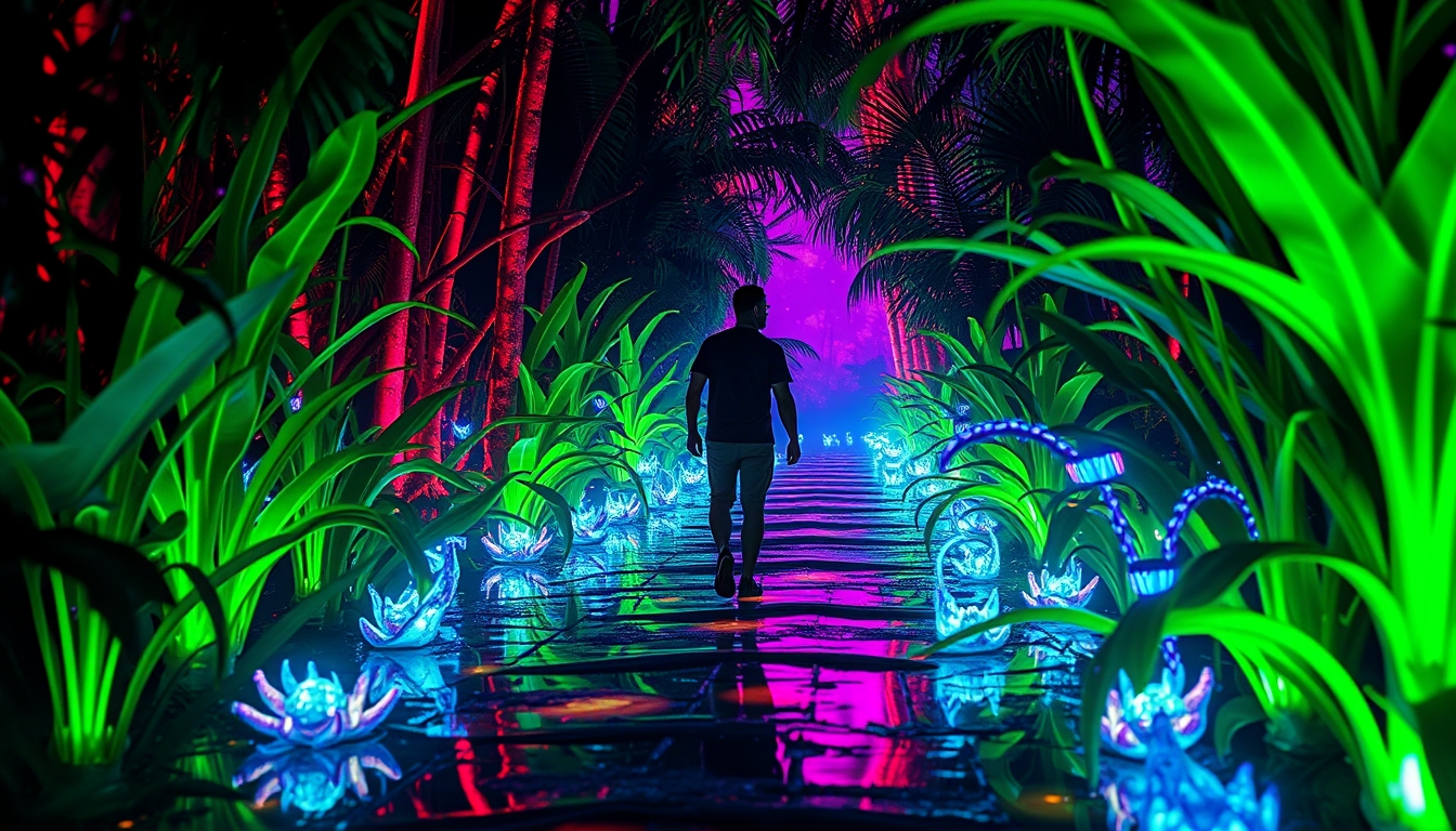 This then transitions to them walking through a pathway of bioluminescent plants and creatures, lighting up with every step. The glowing colors create a dreamlike atmosphere, where reality and fantasy intertwine. Surreal and vivid, combining the raw, untamed beauty of the Amazon Jungle with otherworldly psychedelic visuals and futuristic, neon-lit cyberpunk elements.