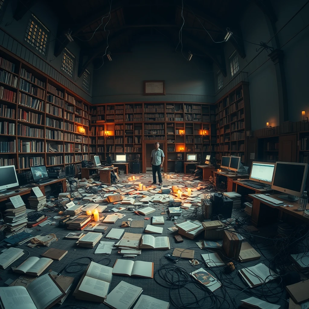 A real-life photograph, wide shot, of a person in a large hall, where some books are scattered messily, with wires lying haphazardly on the floor and in the air, along with some computer screens. The lighting is dim, with some candles lit. The person is in one corner of the hall.