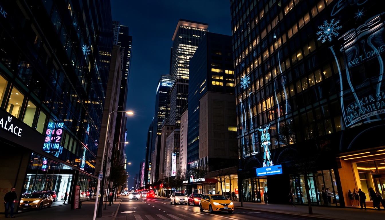 A vibrant city street at night, with reflections in the glass windows of skyscrapers. - Image