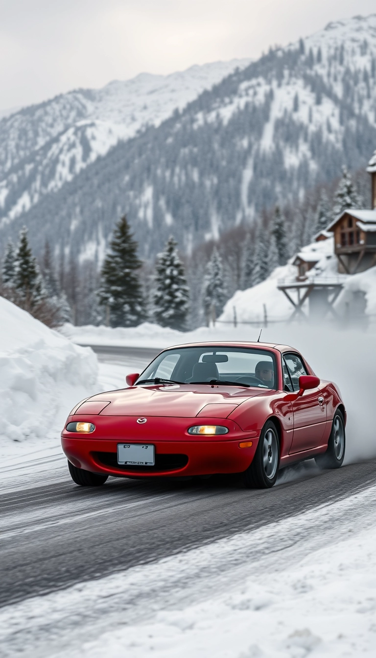 Create an image of a red 1991 Mazda mx5 drifting on a snowy mountain road. Remove the number plate of the car.