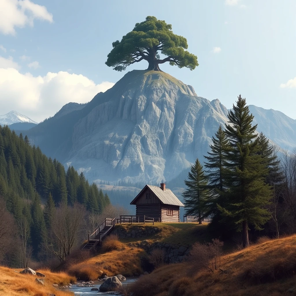 There is a mountain, and at the foot of the mountain, there is a small river. At the top of the mountain, there is a big tree, and beneath the big tree, there is a wooden house.