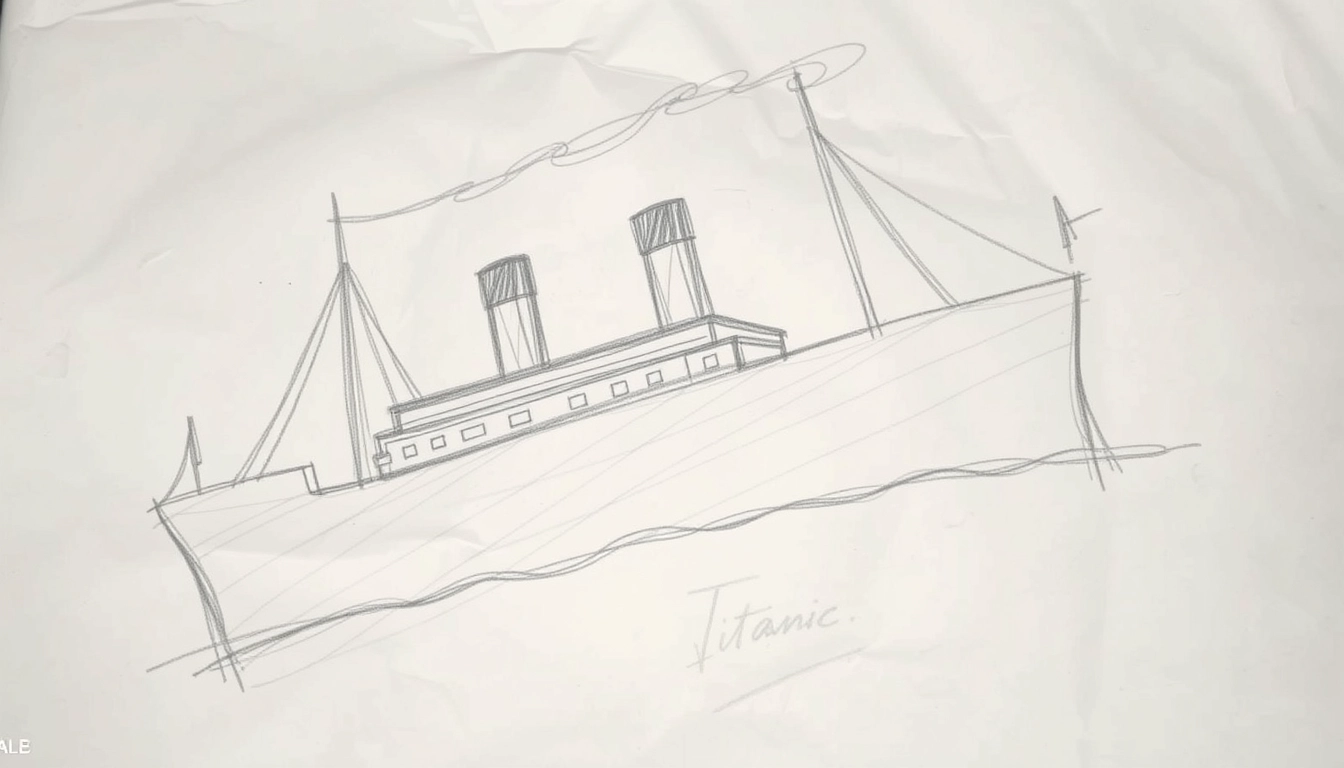 'Titanic, a rough pencil sketch doodled by a child, quite coarse and not detailed. The paper of the sketch is wrinkled, with many marks left by erasing.' - Image