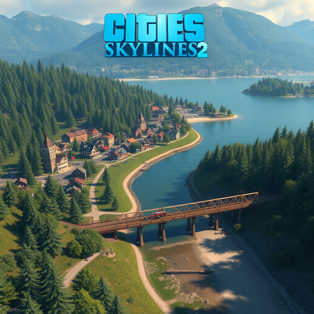 cities skylines 2 pc game, a small village in the woods by a river that flows into a lake, rail bridge near beach - Image