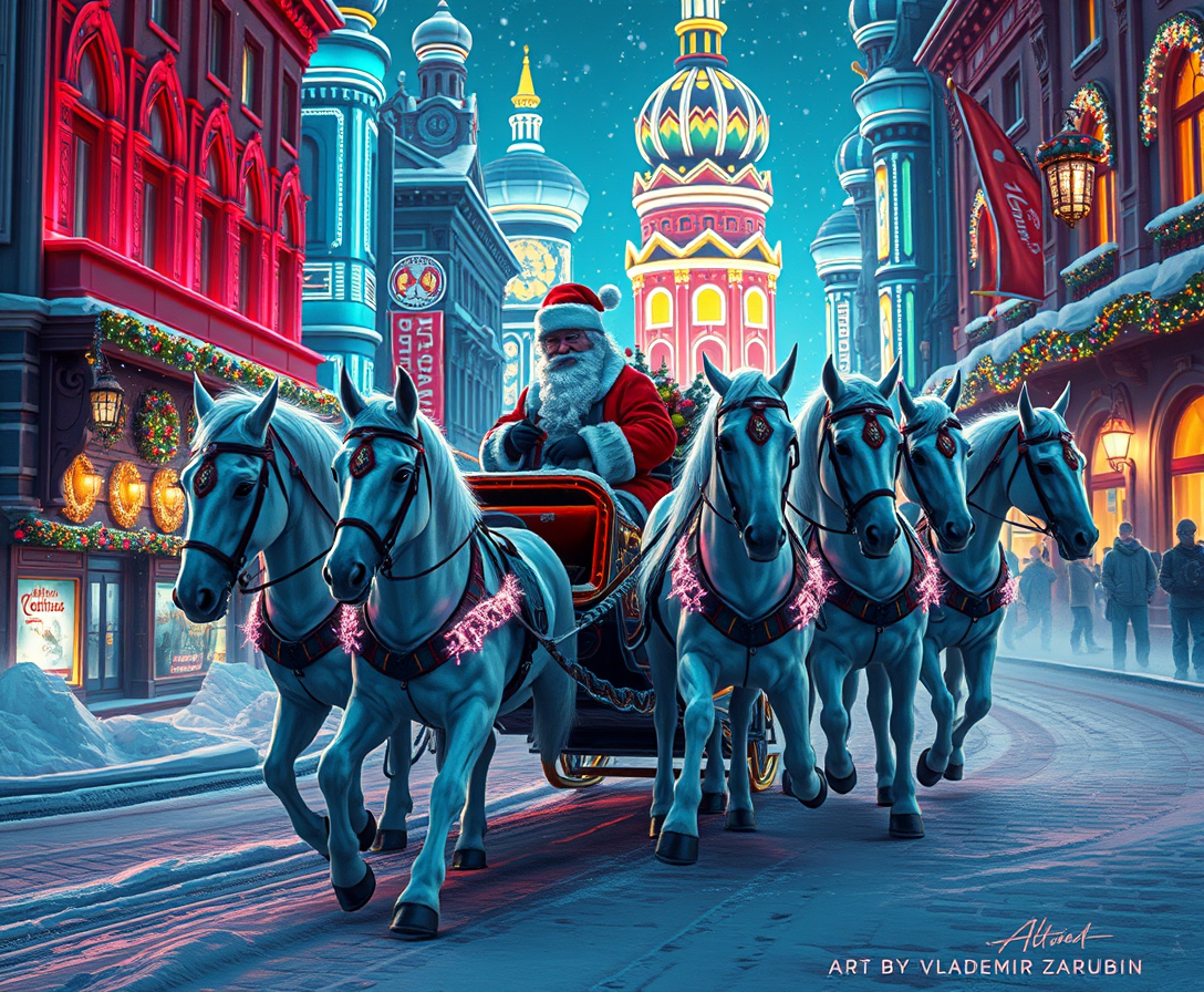 (art by Vladimir Zarubin), (cyberpunk city), Russian Snow Grandfather riding a festive sleigh, pulled by three (elegant) white horses, vibrant Christmas lights illuminating the streets, futuristic architecture glowing in neon hues, exquisite detailing, a whimsical atmosphere that combines tradition and modernity, high contrast colors, magical and enchanting ambiance, 4K ultra-detailed.