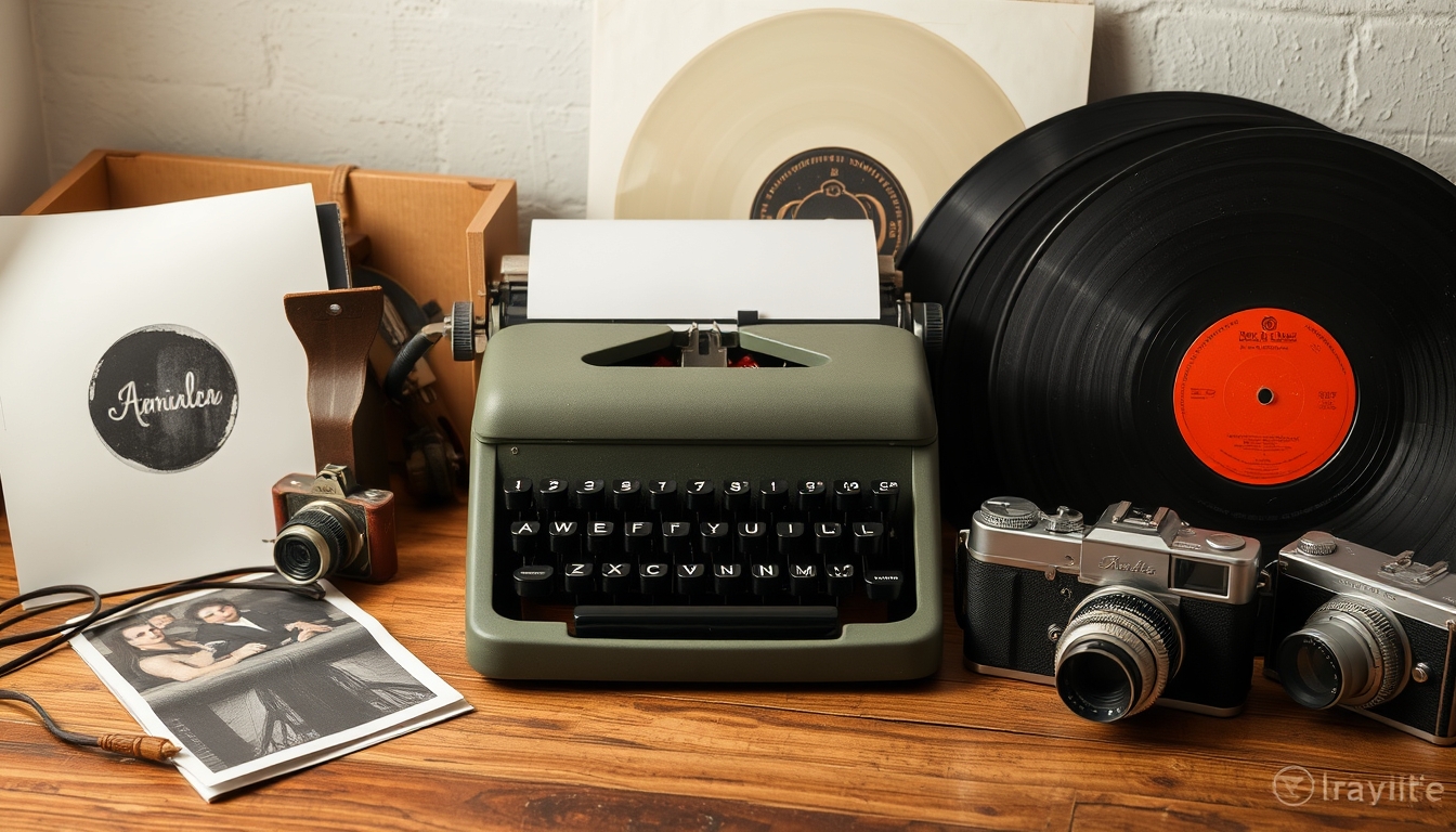 A nostalgic still life of old-fashioned items like a typewriter, vinyl records, and vintage cameras, arranged artfully on a wooden surface.