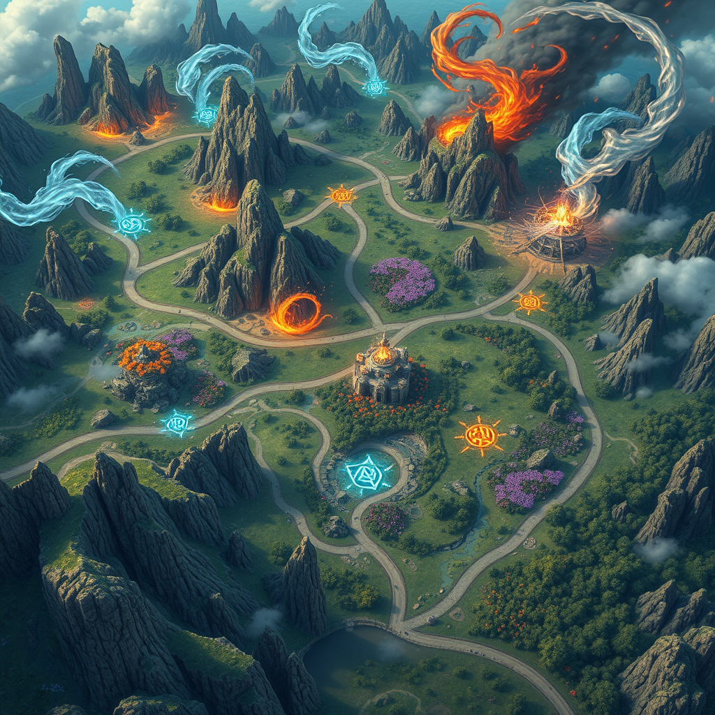 A large, magical fantasy map with roads leading to distant kingdoms. The landscape is filled with jagged rocks, towering trees, vibrant patches of magical flowers, and lush forests. The map features swirling magical winds carrying the essence of fire, frost, and storms, with flames flickering across certain areas, icy winds creating frosty patches, and powerful gusts sweeping the terrain. The style is mystical and vibrant, with rich colors and intricate details, focusing on natural and magical elements. The map is devoid of buildings, emphasizing the untouched beauty of the magical world, and the roads are lined with enchanted runes and glowing symbols, guiding the way through the enchanted landscape. - Image