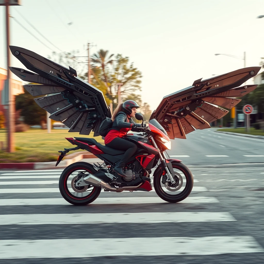 At the crossroads, a woman is riding a motorcycle, which has enormous mechanical wings, and is moving very fast.