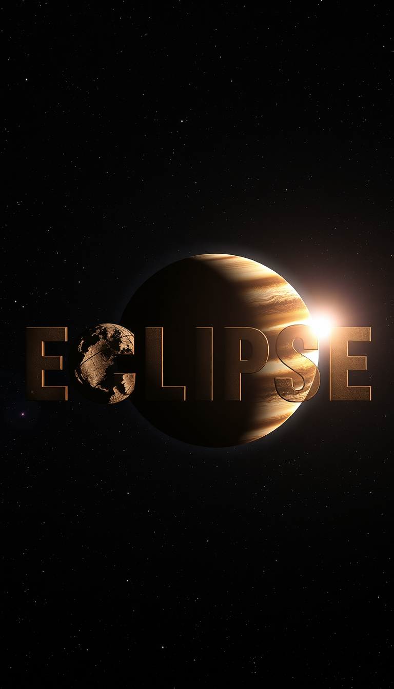 Main Character: The word "ECLIPSE" is formed by a unique arrangement of terrestrial and gas planets. Each letter is represented by a different planet, carefully positioned to create the overall word. The terrestrial planets, representing the letters E, C, L, I, P, and S, are shown with rocky surfaces, craters, and varying atmospheric conditions. The gas giant, representing the letter E, is illustrated with swirling clouds and a prominent ring system.

Background: The vast expanse of space serves as the backdrop, filled with distant stars and galaxies. The blackness of space provides a stark contrast to the vibrant colors of the planets, making them stand out prominently. Nebulae and distant galaxies add depth and visual interest to the background, showcasing the immensity and beauty of the cosmos.

Visual Style: The visual style should be hyperrealistic, resembling a photograph captured by a powerful space telescope. The planets should be depicted with intricate detail, showcasing their unique features and atmospheric conditions. The lighting should be realistic, with the planets illuminated by a nearby star, casting shadows and highlighting their three-dimensional forms. The overall tone should be one of awe and wonder, inspiring a sense of curiosity about the vastness and mysteries of the universe.