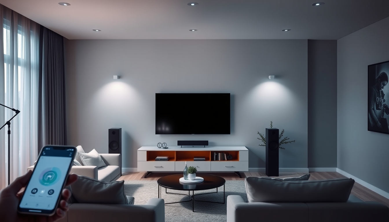 A high-tech living room with voice-activated lighting, smart speakers, and a sleek, minimalist design, all controlled by a smartphone. - Image