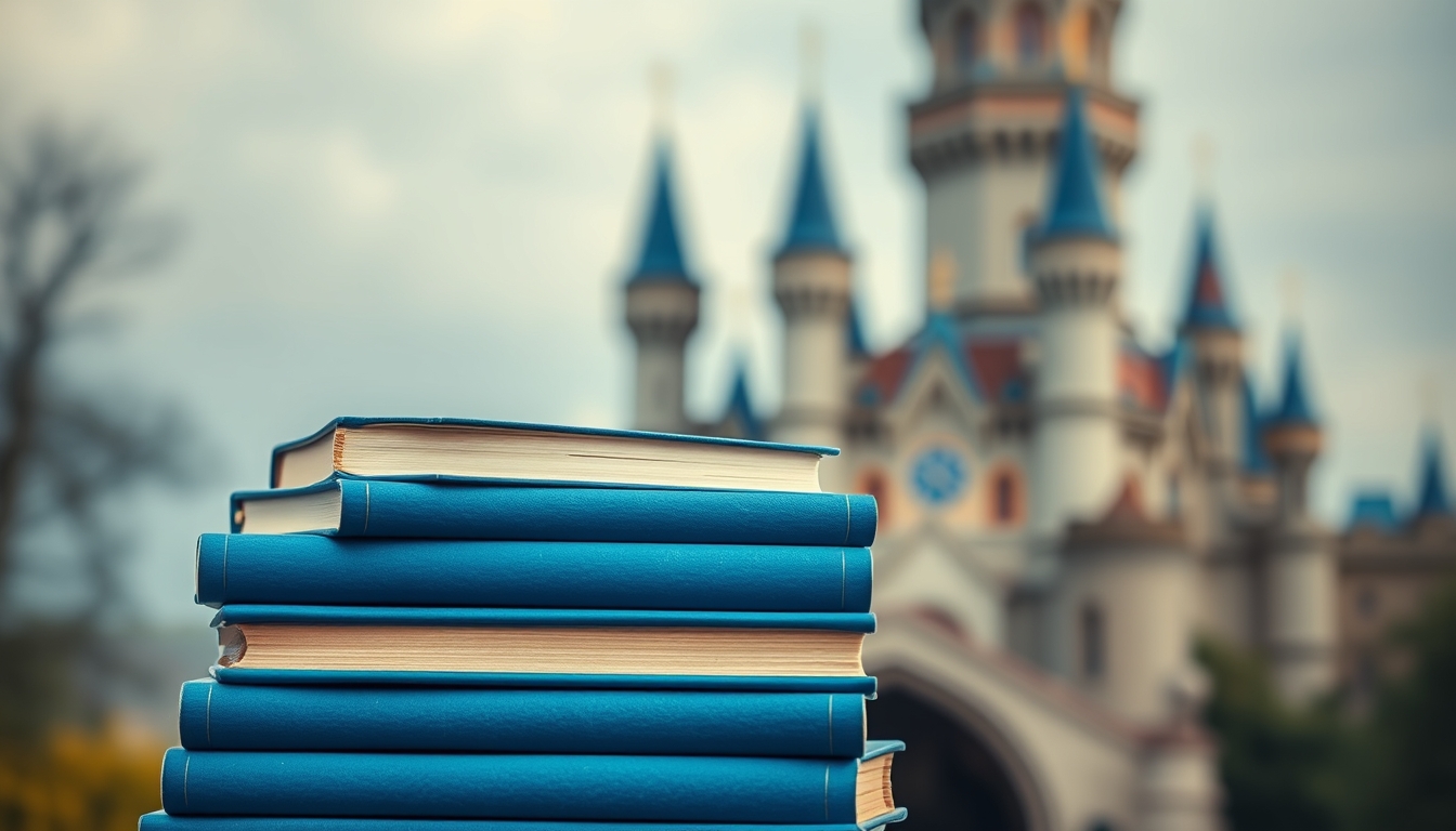 stack of blue books with blurred castle background - enchanting fantasy book cover or literature concept.