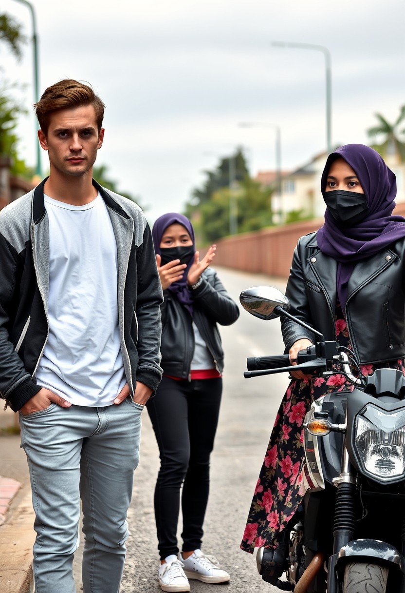 Jamie Dornan and Freddie Prinze head and body shot, handsome, young, serious face, dark brown hair, white T-shirt, college jacket, skinny jeans, sneakers, standing, discussing with a short purple hijab Muslim girl, beautiful eyes, black face mask, black leather jacket, biggest floral skirt, holding a Canon DSLR camera, near a town road, superbike, hyper-realistic, street photography, brick wall, full body photo. - Image