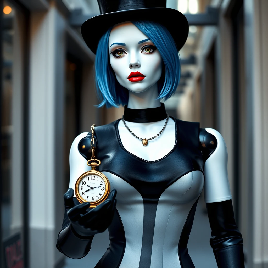 A humanoid attractive female robot that looks like a stage hypnotist, wearing a top hat and a black leotard and black gloves. She has pale white skin, lipstick, and blue hair. She is holding a classic, ornate pocket watch by its chain in her left hand. Her left arm is extended forward, slightly bent at the elbow, with her hand positioned at chest height. Set in a modern street, staring at the viewer. - Image