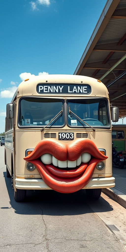 Surreal and whimsical image featuring a vintage bus parked at a bus station. The bus has a cream-colored exterior with a slightly weathered look, and the number '1903' is displayed on the front. The most striking feature is the large, exaggerated set of lips and teeth superimposed on the front bumper of the bus, resembling a face, with headlights as eyes and giving it a cartoonish and humorous appearance. The bus station has a covered area with a high roof, and there are other buses and motorcycles visible in the background. The bus destination sign reads 'PENNY LANE' in white text on a black background. The overall scene is bright and clear, with a blue sky and some clouds visible. - Image