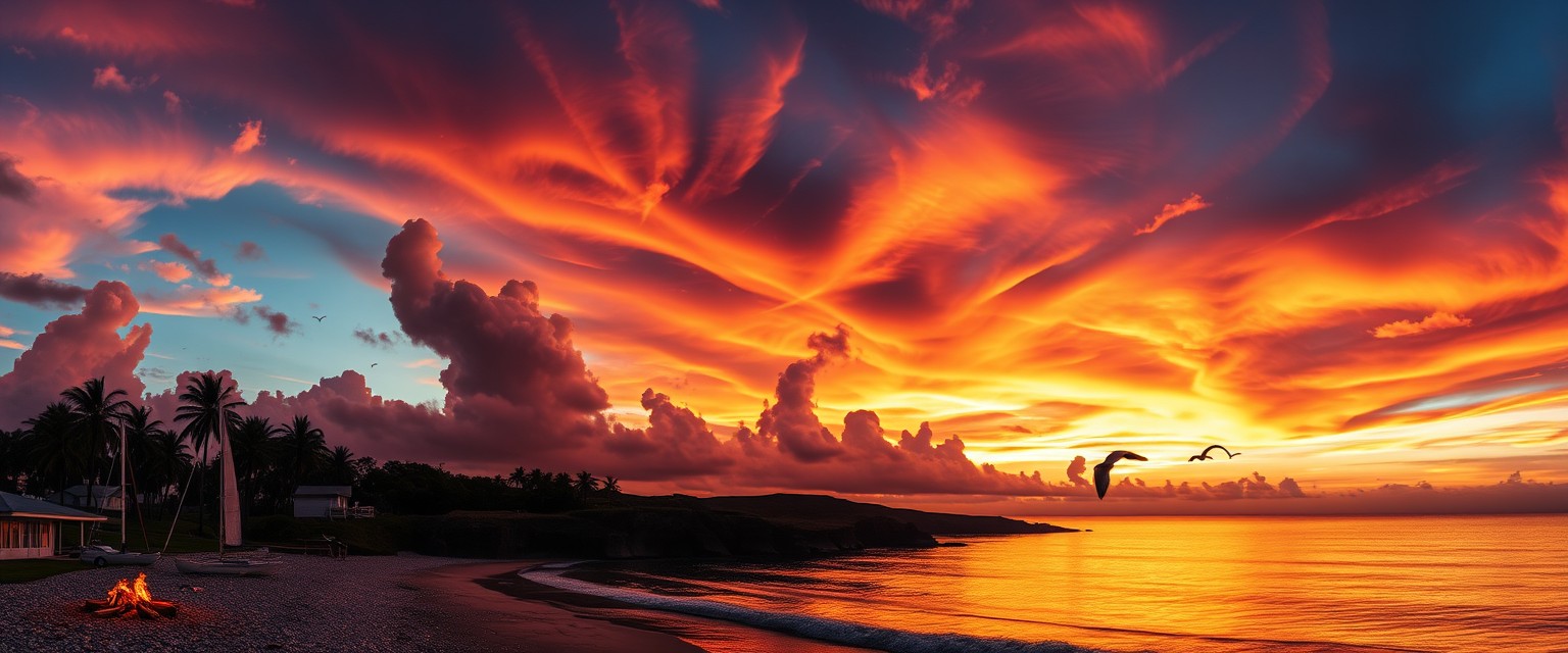 Dramatic, fiery sunset, colorful clouds, silhouettes, high quality, photorealistic, tranquil, evening sky, reflection, serene, coastal, panoramic, breathtaking::0.7 sailboats, palm trees, beachside bonfires, coastal cliffs, seashells, peaceful waves, seagulls.