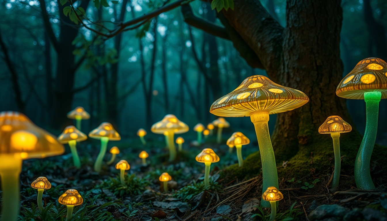 A magical forest with glowing glass mushrooms scattered around.