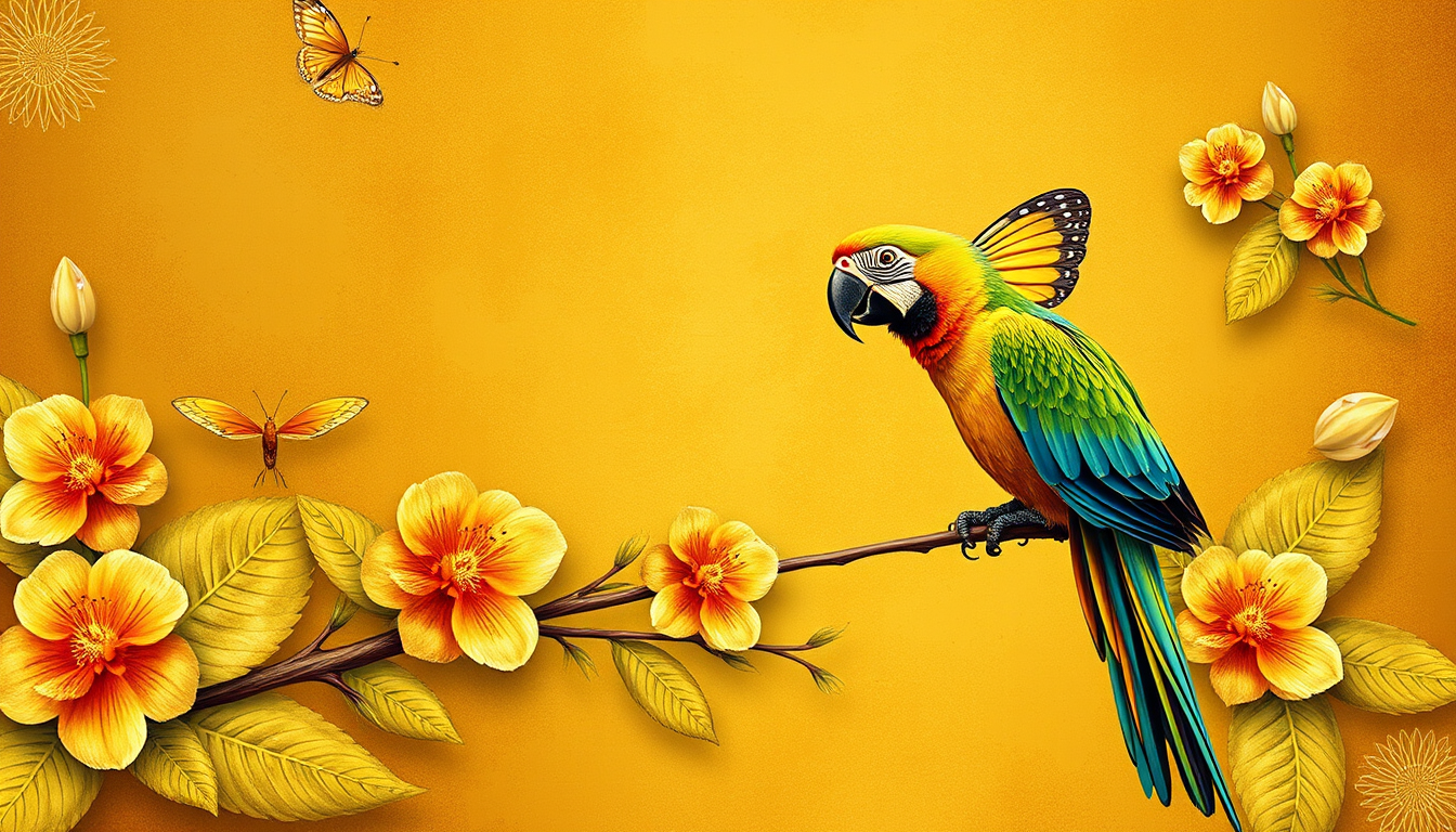 Golden vintage background with golden flower and butterfly 3D mural for interior home. Background, beak, branch, butterfly, color, colorful, diamonds, feather, floral, flower, flowers, gold, golden, illustration, macaw, pattern, stem, tree, tropical, vintage, wallpaper, yellow, mural wallpaper, mural illustration background. - Image