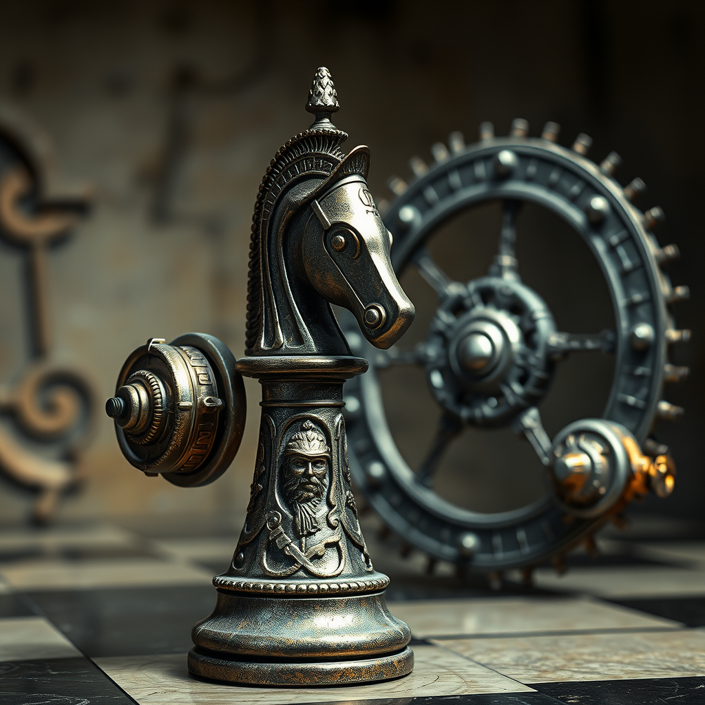 A knight chess piece connected to an ancient machine, art, realistic photo, 4k realistic photo.