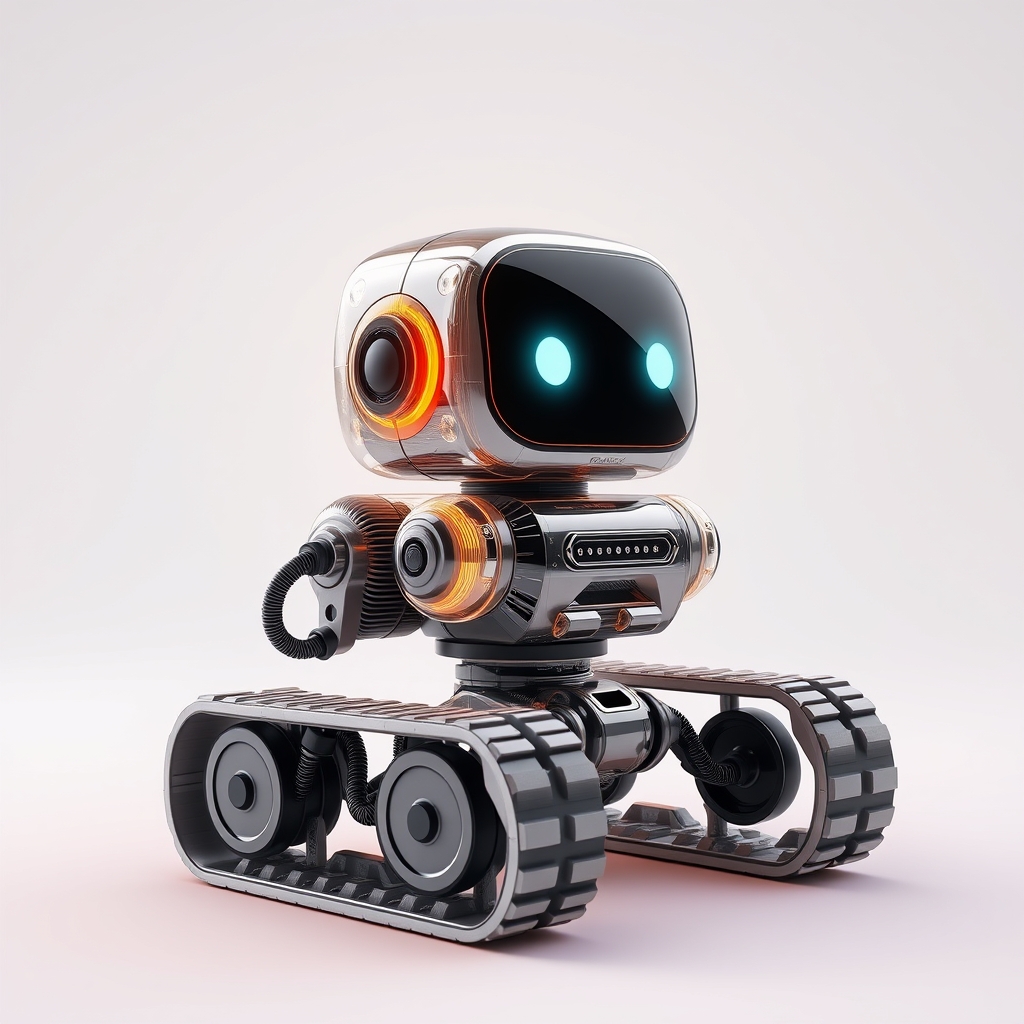 Cute aesthetic, a (small and cute semi-transparent triangular tracked robot) with an LED screen face, emoticon, stunning unreal engine render, intricate details, Simple Background, Side view angle. - Image