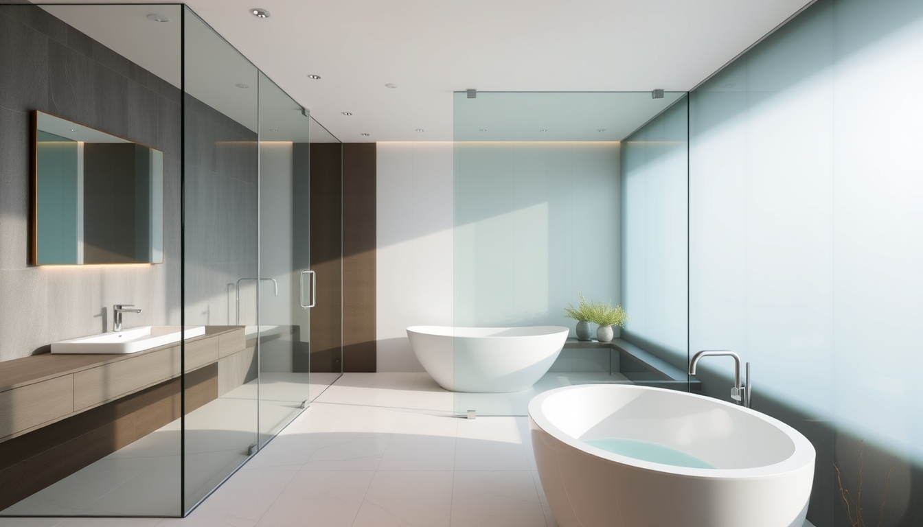 A sleek modern bathroom with glass walls and a luxurious soaking tub.