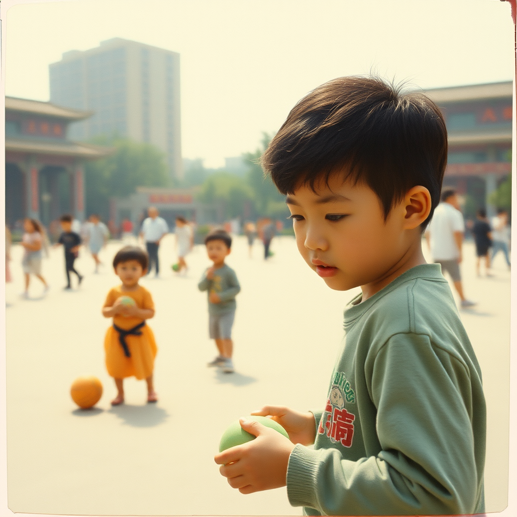 Children playing games in the square in China in the 1980s. Summer. Ultra-detailed portrait. Grainy film with light leaks. Polaroid photo with slightly peeling edges.