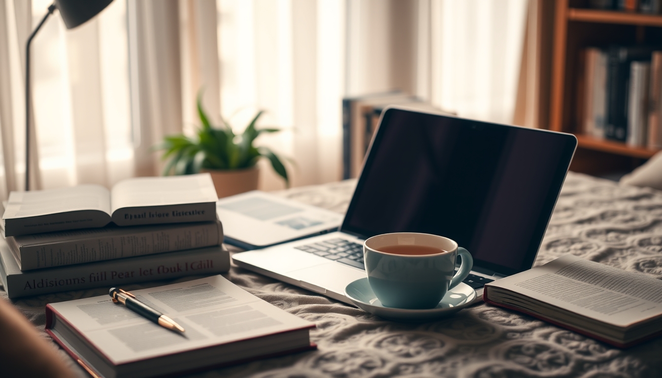 A cozy home study setup with a laptop, textbooks, and a cup of tea, emphasizing the comfort and flexibility of online education. - Image