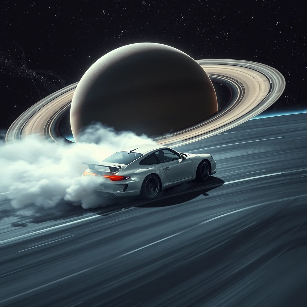 realistic looking scene depicting a porsche 911 drifting across the ring of saturn in space