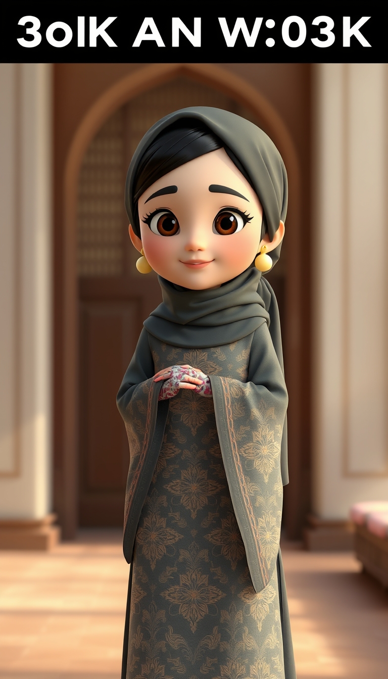 Create a 3D, 8K animated cartoon of a Muslim woman from Palembang wearing a long traditional songket dress. She should have her hands covered with batik gloves. The image should capture the elegance and cultural richness of the attire.