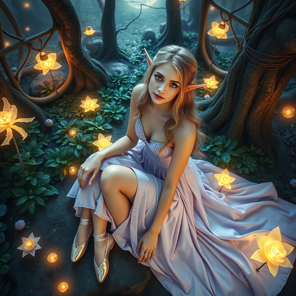 Wide shot from above sitting, between the legs, arm at side, head tilt, (enchanting elf with long pointed ears) young woman, slender build, high elf, fair skin, golden eyes, wavy hair, wearing a soft lavender luxurious elven dress, satin ballet shoes with ethereal motifs, elven ear cuffs, moonstone ring, silver eyeliner, leaf-shaped brooch, set in an otherworldly enchanted forest, with glowing plants, magical creatures, and an enchanting ambiance, in the moonlight. - Image