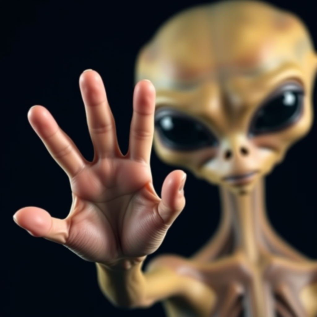 Closeup portrait picture against a black background of a blurry alien with a sharp focus in the foreground on his hand open doing the Stop sign to the camera.