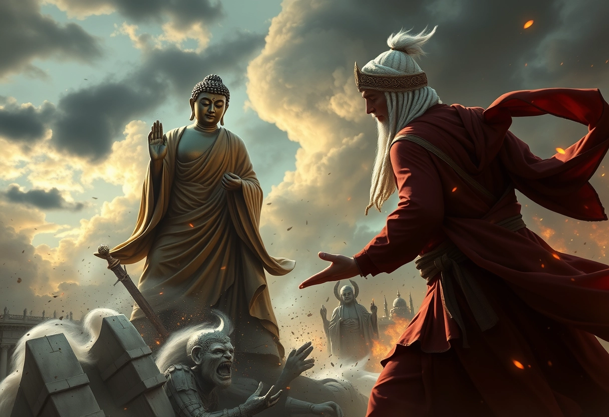 "An epic battle between the Buddha, Jehovah, and Allah, in a photo-realistic style. No other characters should appear."