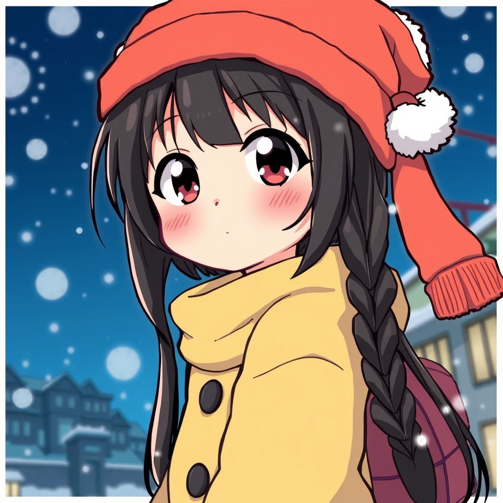 A cool cartoon girl in a cold winter night, with Japanese style.