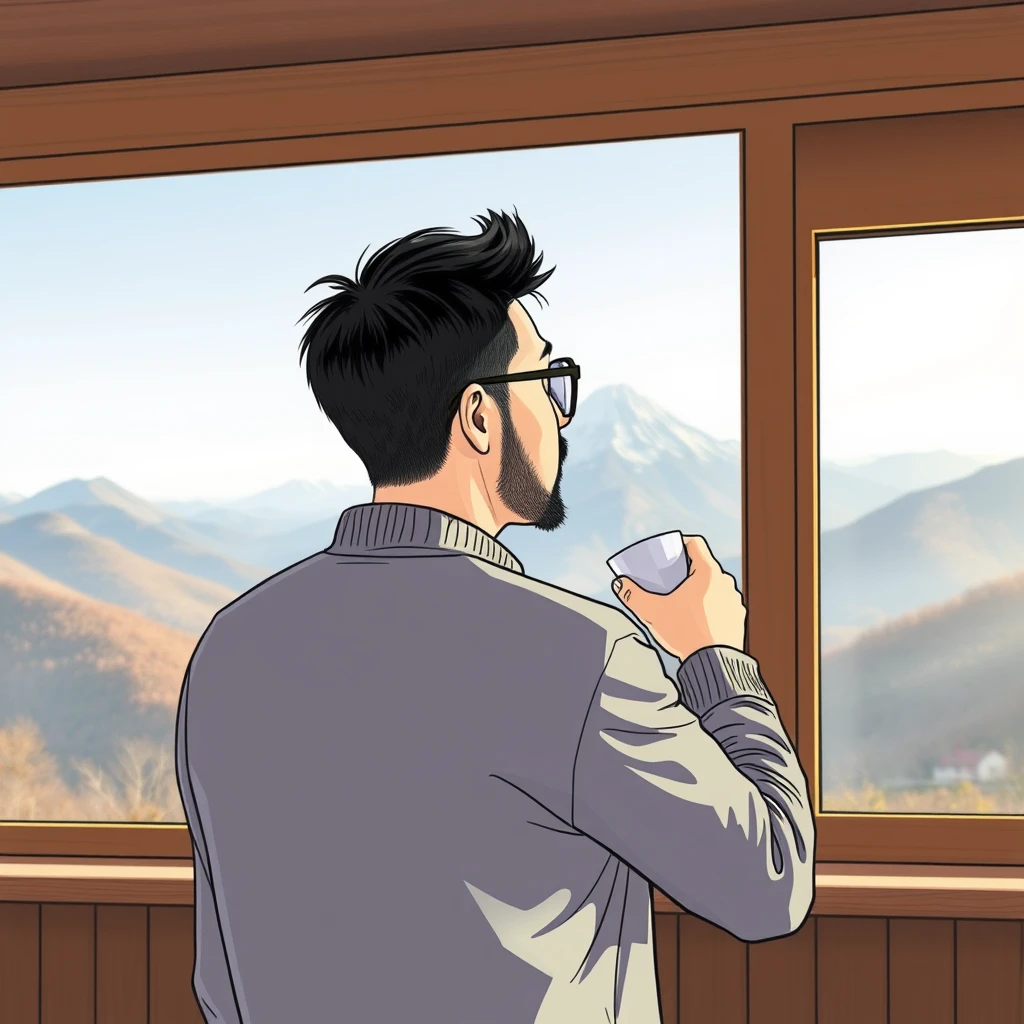 "Draw the back of a Korean man in his late 40s, drinking coffee while looking at a distant mountain through a large window in a house that resembles a café in the mountains. He is 174 cm tall, weighs 80 kg, wears glasses, and has a short beard about 3 mm long under his nose and chin. The season is autumn, and there are rolling mountains beyond the ones he is looking at, with a very small view of about five houses at the foot of the mountains."