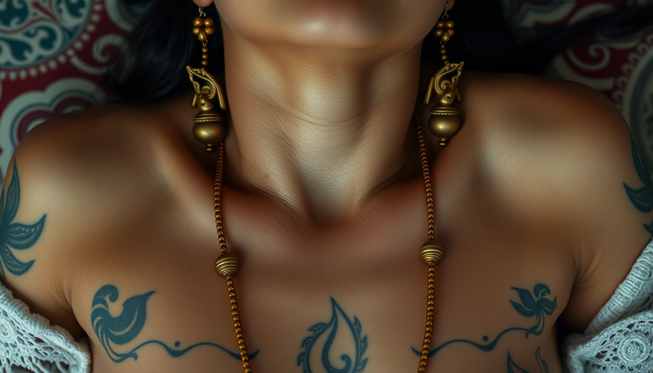 Close-up view of the tattooed chest of a fair-skinned Korean Indian woman with beautiful facial features and blue eyes, adorned with gold ornaments, gazing upwards while lying down. - Image