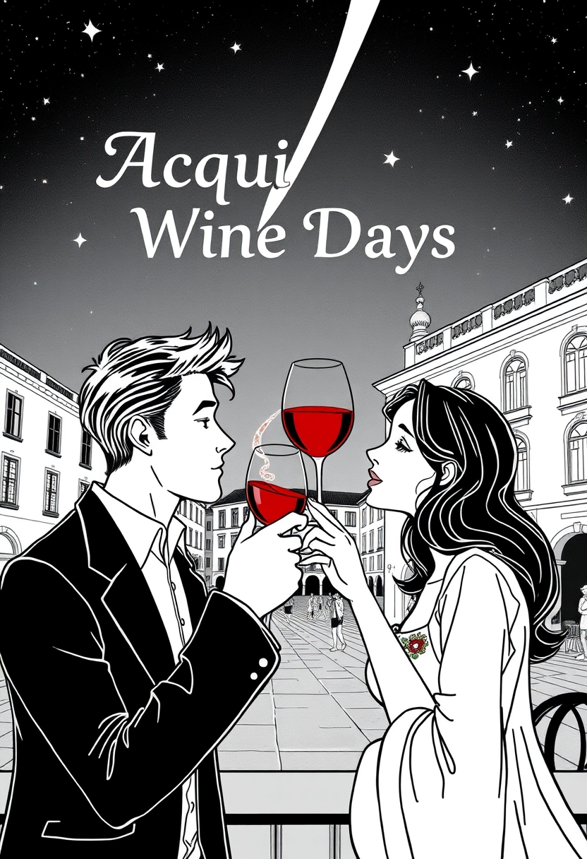 Image in Art Nouveau mixed manga style, in black and white, very thin lines. A couple toasting with a glass of wine in a stemmed glass. It is night, there are stars including a comet. The wine is colored red. In the background, an Italian square, in perspective. At the top, in the center of the image, there is the writing, font Art Nouveau: Acqui Wine Days. - Image