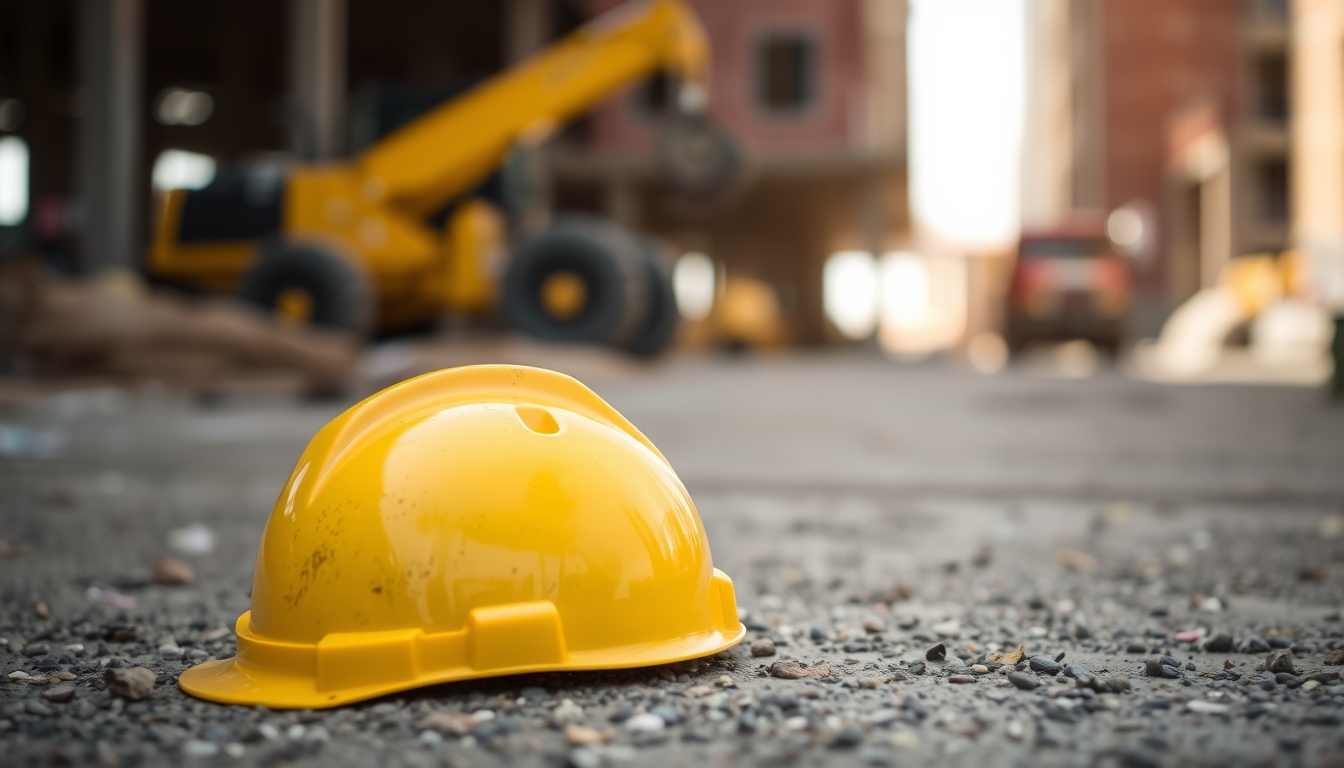 Yellow construction helmet on the ground with a blurred background of a construction area with machinery.