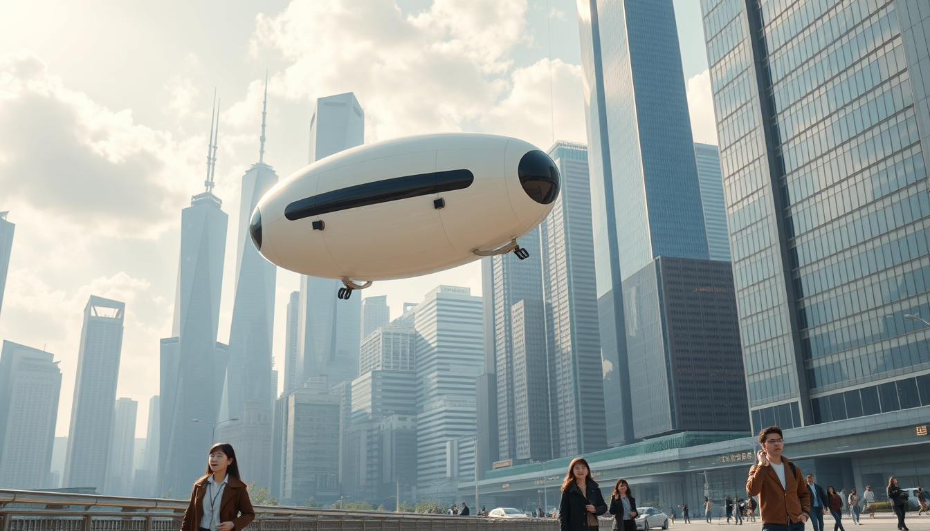 Create a stunning high-resolution image of the city of the future. The skyline should be filled with towering skyscrapers. It should include a light-colored, oval balloon-type robot flying rapidly through the air with tiny black balancers on either side of the balloon. There are some people walking on the street, with Asian faces, wearing fashionable and avant-garde clothes, creating a laid-back and pleasant atmosphere. The visual focus of the image highlights small balloon-type robots patrolling the air for safety, very beautiful clouds, and sunlight reflecting off the glass surfaces of buildings, creating an atmosphere of excitement and innovation. Very sharp and realistic details, 32K, flat view. - Image