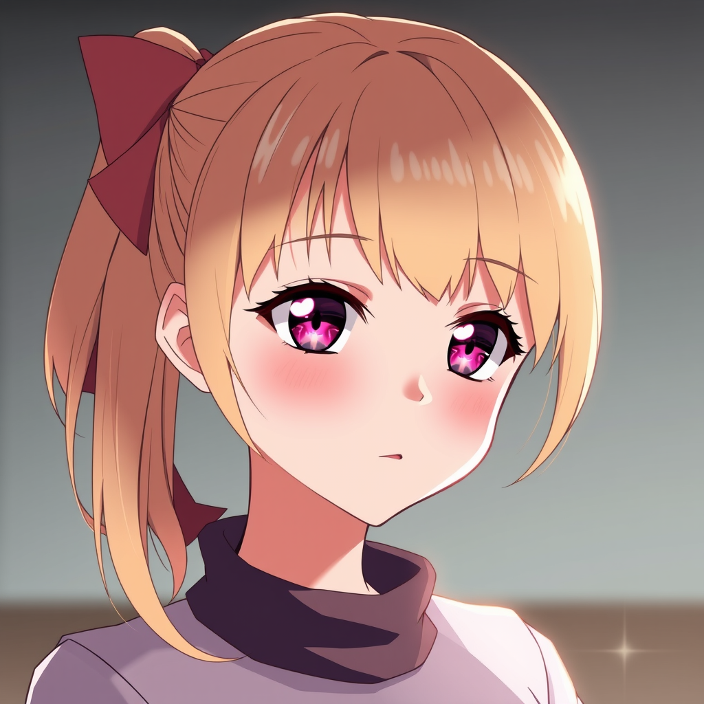 Beautiful young girl of average height with blonde hair that she ties in a side ponytail (much like how her late mother Ai Hoshino does) and possesses pink-ruby colored eyes with a six-star on her left eye like her late mother. Anime style. - Image