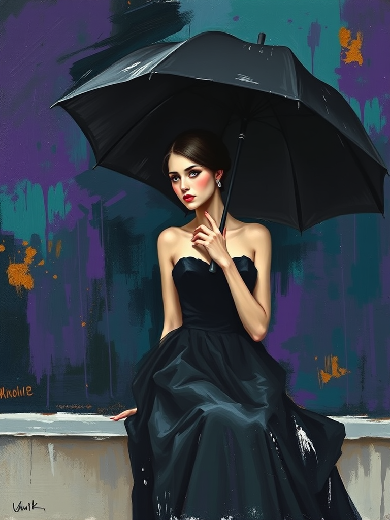 An exquisite impressionist painting of a woman holding a black umbrella, set against a moody and dramatic background with rich, deep hues. The loose brushstrokes and slightly abstract representation give the piece an artistic and unique touch. The woman, dressed in a black gown with a fitted bodice and a full skirt, is positioned slightly off-center to the right, sitting on a ledge or bench. The black umbrella contrasts sharply with the vibrant background, which features bold splashes of deep purples, midnight blues, and rich emerald greens. The background also includes touches of warm amber and gold tones, adding a sense of depth and warmth to the scene. The delicately detailed face of the woman is illuminated by subtle blush tones and soft highlights, adding to the painting's charm and emotional depth. The color palette, dominated by these rich tones with complementary shades of white, grey, and beige, creates an atmospheric and cinematic feel., painting - Image