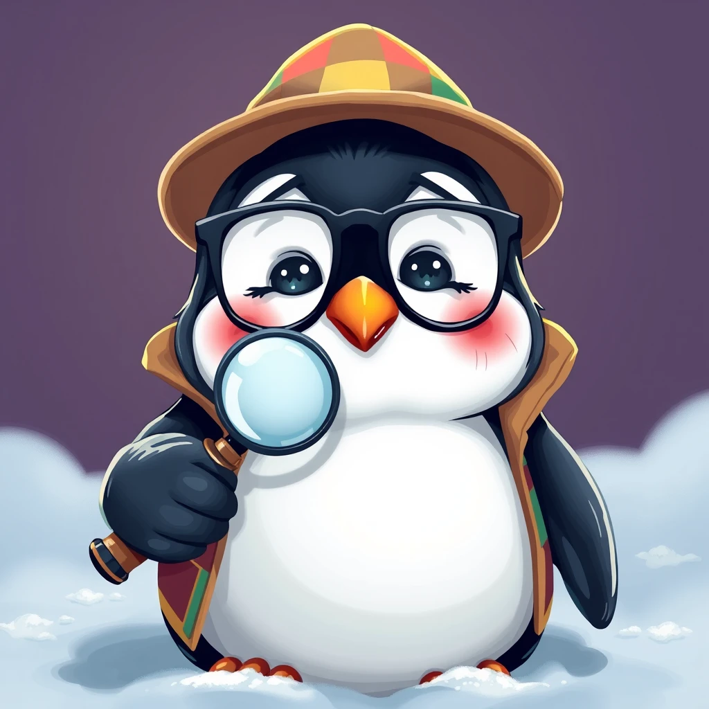 /imagine a friendly chubby penguin with glasses and a worried expression, wearing colorful clothes, holding a magnifying glass and wearing a detective hat.