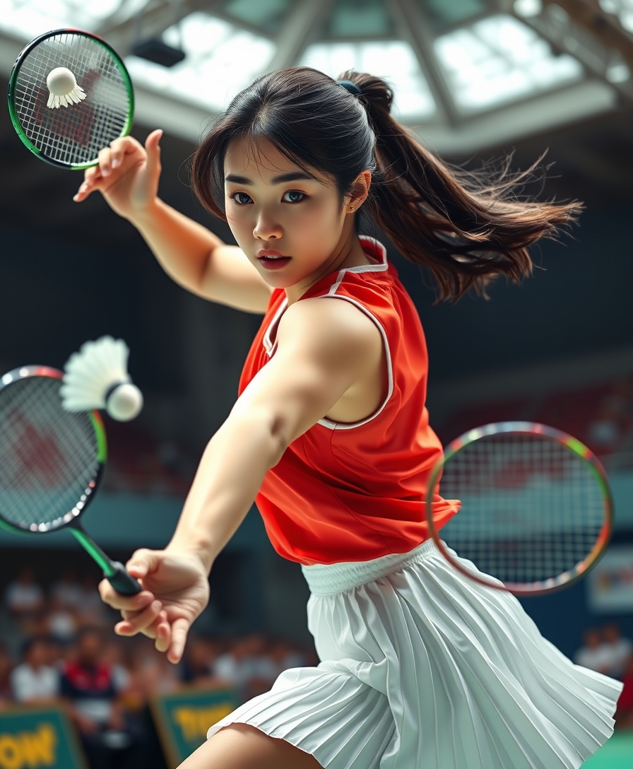 A detailed, realistic portrait of a young woman playing badminton in an indoor sports arena. The woman is wearing a bright red jersey and is mid-swing, her body in a dynamic, athletic pose as she focuses intently on the shuttlecock. The background is blurred, with glimpses of the court, net, and spectator stands visible. The lighting is natural and directional, creating shadows and highlights that accentuate the woman's features and muscular definition. The overall composition conveys a sense of energy, movement, and the intensity of the game. The image is highly detailed, with a photorealistic quality that captures the textures of the woman's clothing, skin, and the badminton equipment.

A woman with a beautiful face like a Japanese idol, she is wearing a white pleated skirt.

Badminton rackets and shuttlecocks with dynamic swings and motion blur. Depiction of the human body with a flawless personality.