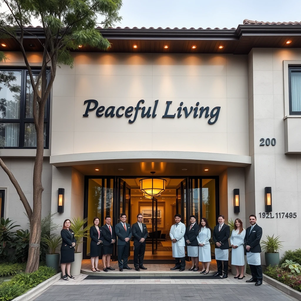 A high-end residence with the words "Peaceful Living" printed on it, and many professional property staff at the entrance.