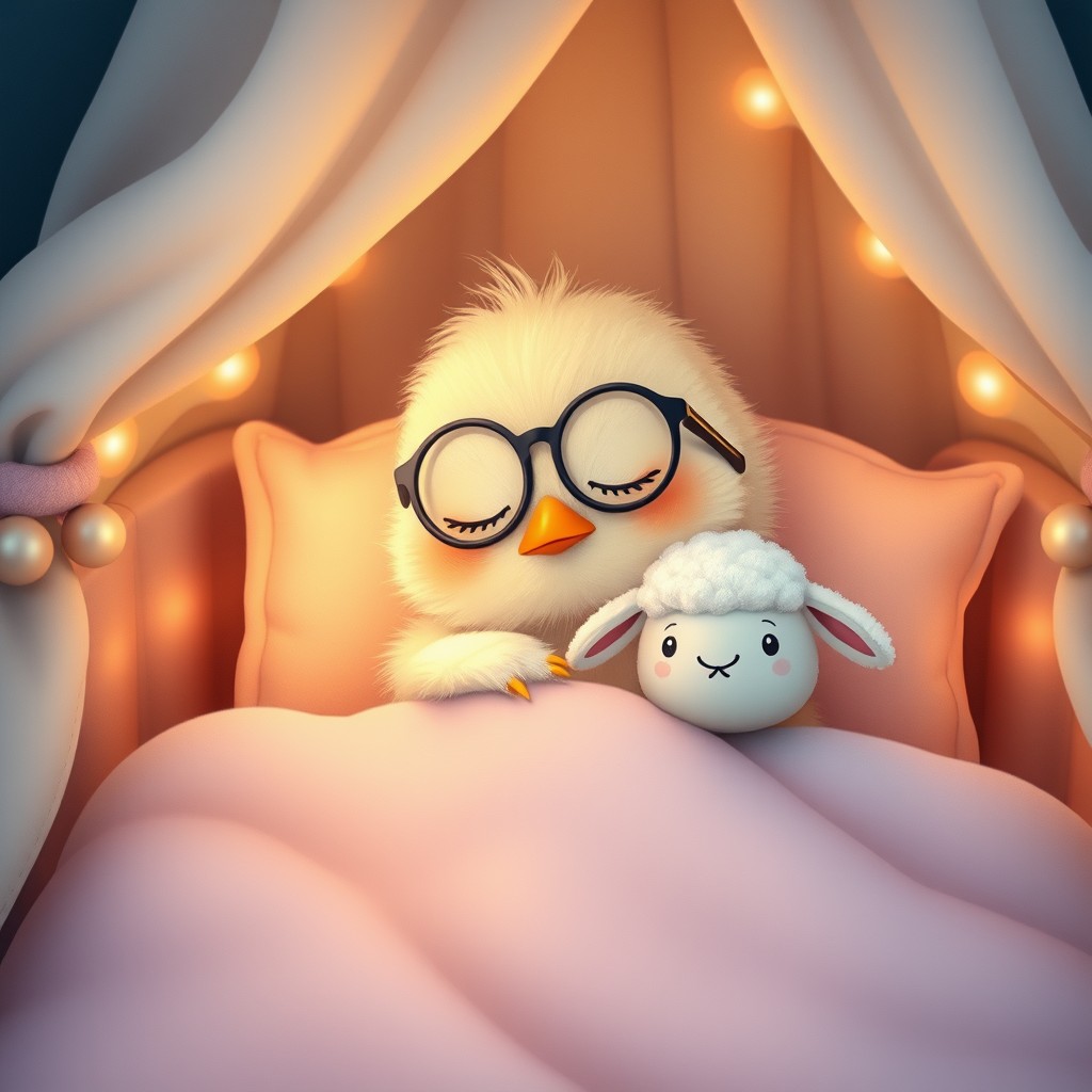 It’s nighttime. A sweet little delicate chick, Kawaii with a small rounded beak, is wearing glasses and deeply asleep in its beautiful little bed with tiny bells, fluffed up, dim lights, and childish details that have the name PICHONCITA written on it, cuddled up with a tiny cute plush sheep. - Image