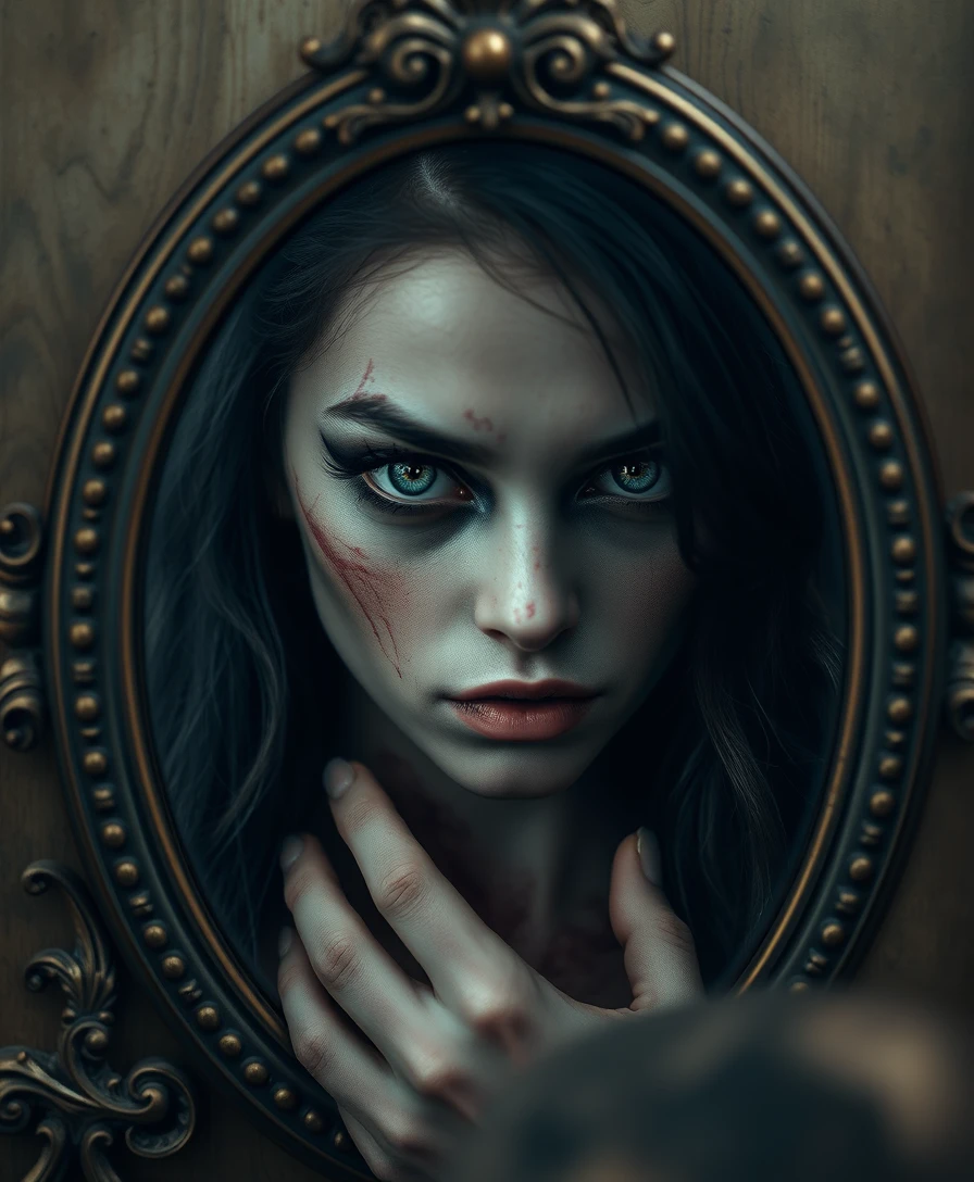 A beautiful alluring girl staring into a mirror and seeing her demon self-reflection, dramatic intricate, exquisite details and textures, sharp focus, high resolution, detailed eyes, 8k uhd, nikon d850, high quality, film grain, hyper realistic skin (detailed skin:1.3) deranged disturbing, sinister.