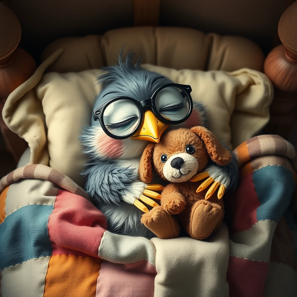 Sweet and tender funny little bird with glasses sleeping in its little bed with patchwork blankets, hugging a tiny stuffed puppy. - Image