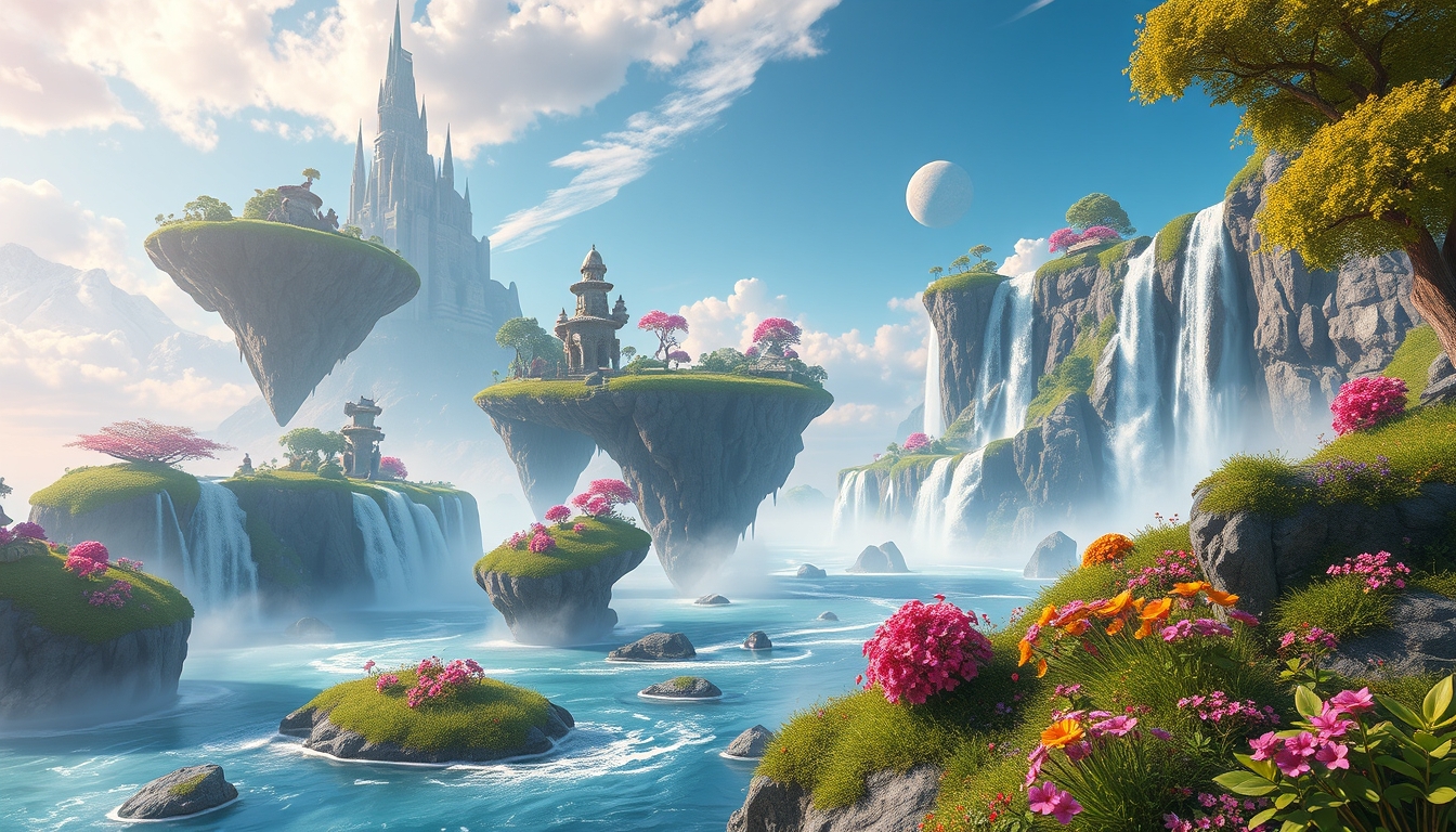 A surreal digital landscape with floating islands, cascading waterfalls, and vibrant flora, creating a dreamlike scene. - Image