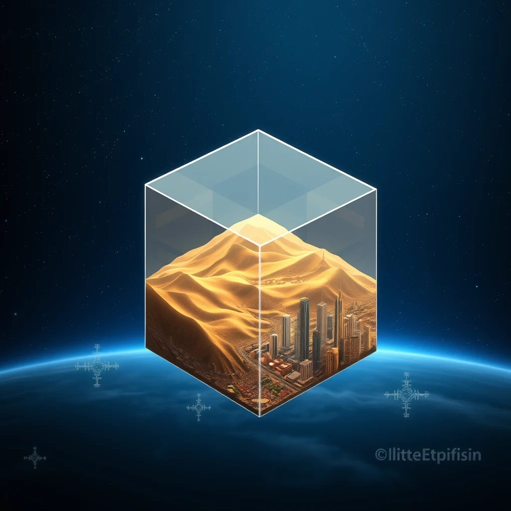 A hyperrealistic, isometric 3D scene featuring a transparent glass cube suspended in a deep, cosmic blue space filled with subtle, shimmering particles. Inside the cube, a meticulously detailed golden landscape unfolds with rolling hills, intricate valleys, and a hidden metropolis of gleaming skyscrapers. The cityscape should have a futuristic, minimalist aesthetic, with clean lines and reflective surfaces. The overall atmosphere is one of serene isolation and technological wonder.