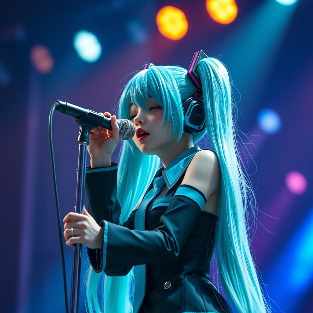 singing on stage, hatsune miku, 8K resolution, 3D Blender, close-up