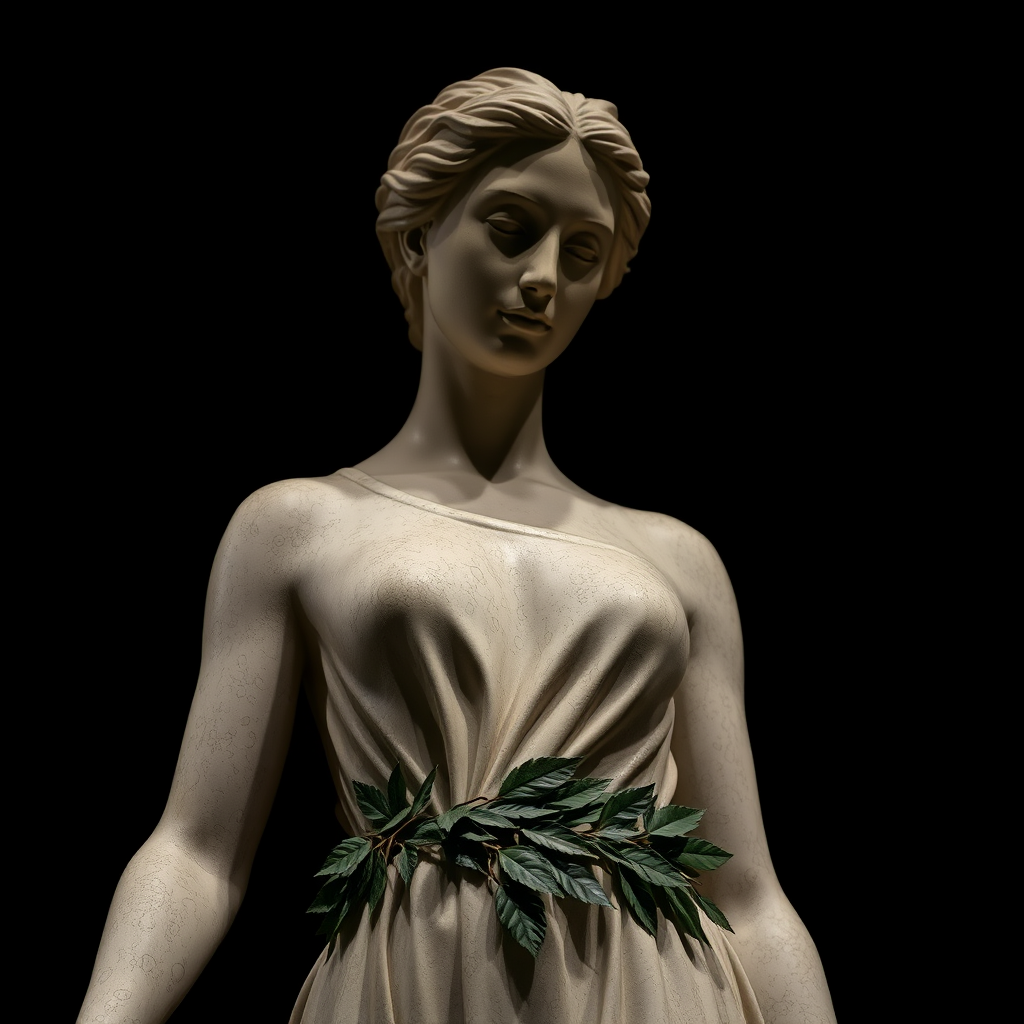 A statue in a dark background. The statue is a woman with a belt made of tree leaves. - Image