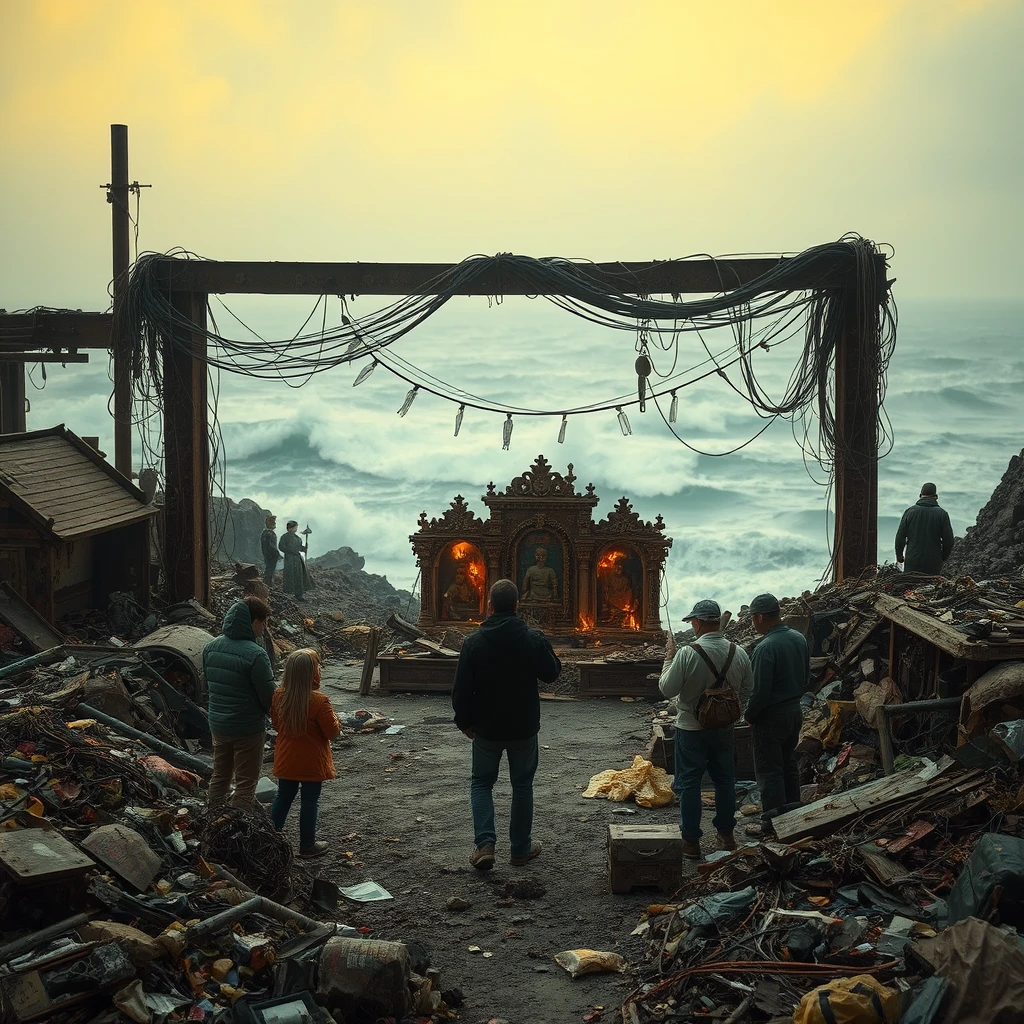 Post-apocalypse landscape, ruins, rust, several people pray near a shrine made from garbage, wires, waste, debris and pieces, toxic waste, yellow haze, blue-gray tones, murky lights, atmosphere of decay, the ocean is raging in the background.