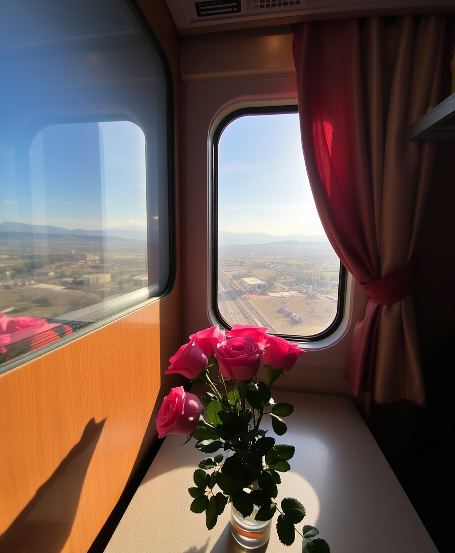 a train compartment, A bouquet of roses sitting on a table, stunning view outside the window